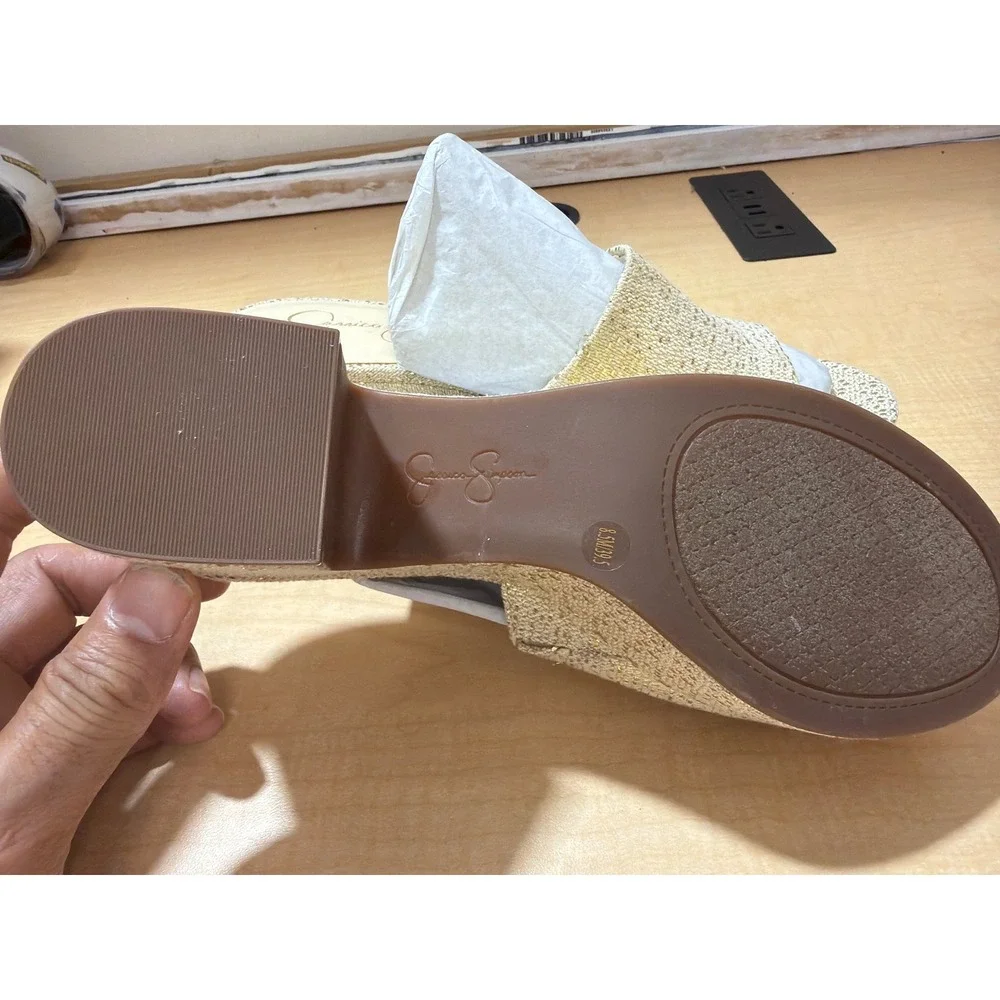 Jessica Simpson Gold Metallic Woven Platform Slide Sandals Block Heel Mules